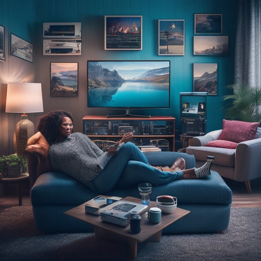 A stylized illustration of a person sitting comfortably on a couch, surrounded by scattered TV remotes and devices, with a large Samsung TV in the background displaying a guide menu with various channels and programs.