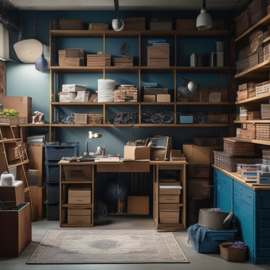 A cluttered storage room with stacks of old boxes, dusty shelves, and tangled cords transforms into a tidy space with labeled bins, a pegboard, and a sleek shelving system, with natural light pouring in.
