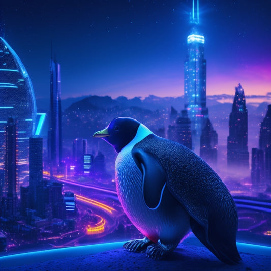 A futuristic, neon-lit cityscape at dusk, with sleek skyscrapers and holographic interfaces, surrounded by orbiting coding symbols and gears, with a giant, glowing penguin (Tux) in the center.