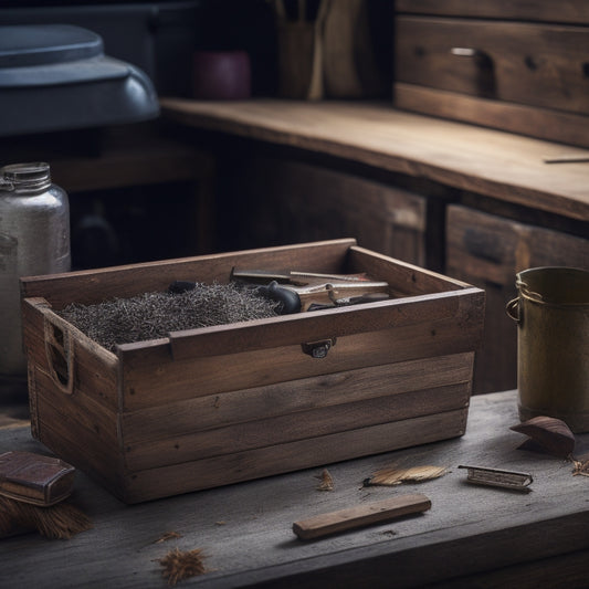 A rustic wooden storage bin with a hinged lid, adorned with ornate metal hardware, sits atop a wooden workbench surrounded by scattered wood shavings, tools, and half-finished wooden planks.