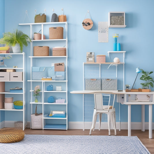 A clutter-free, minimalist room with a Murphy desk, stackable crates, and a storage ottoman, showcasing a pegboard with hanging baskets, bins, and a ladder against a soft, pastel blue background.