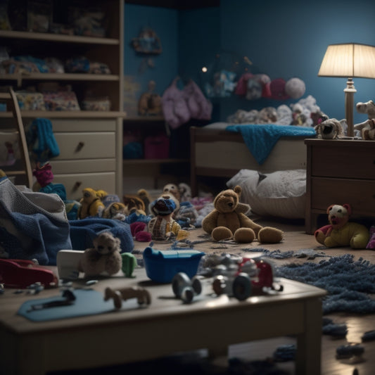 A cluttered, dimly lit nursery with torn, crumpled, and opened baby product manuals scattered across the floor, amidst scattered toys and a partially assembled crib with missing screws.