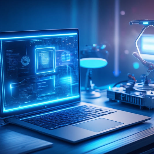 A futuristic background with glowing blue circuits and wires, a laptop with a certification badge on the screen, and a robotic arm holding a tablet with a Windows logo.