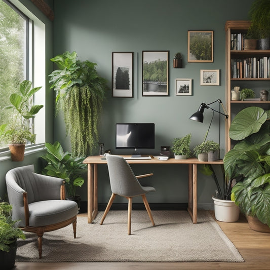 A serene, well-lit home office with a minimalist desk, a organized bookshelf, and a comfortable ergonomic chair, surrounded by lush green plants and a few framed motivational quotes on the walls.