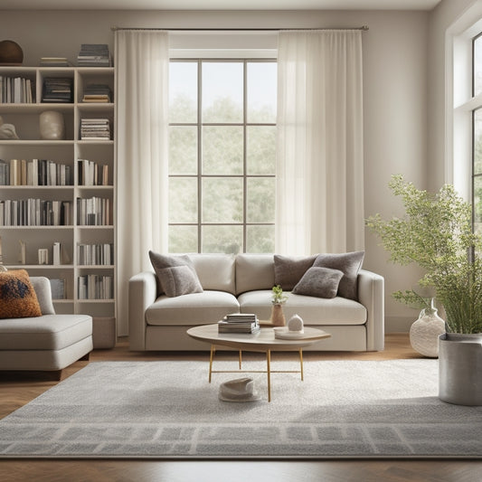 A serene, minimalist living room with a tidy bookshelf, a few select decorative objects, and a plush area rug, illuminated by natural light pouring through large windows.