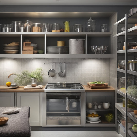 A modern kitchen with sleek, silver steel organizers mounted on walls and inside cabinets, holding utensils, cookbooks, and ingredients, with a few strategically placed spotlights illuminating the organized space.