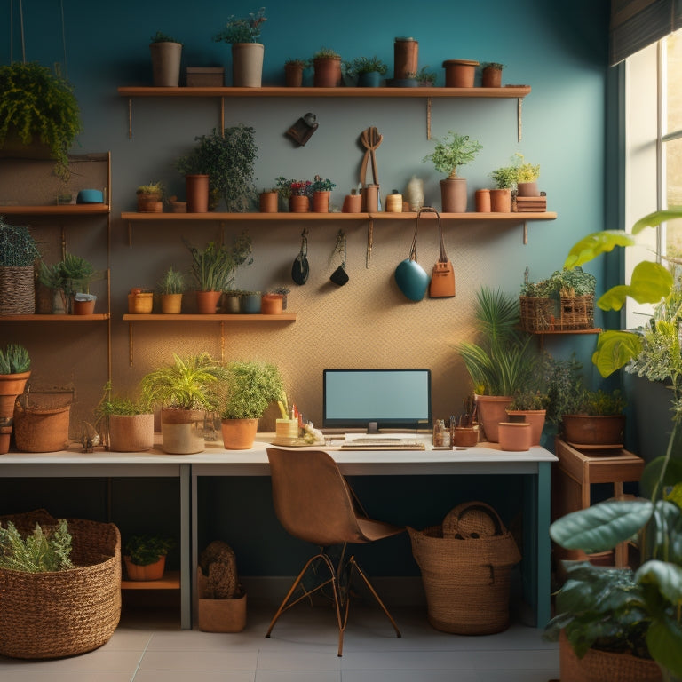 A tidy, well-lit room with a pegboard adorned with neatly hung baskets, bins, and tools, surrounded by organized shelves, a minimalist desk, and a few potted plants.
