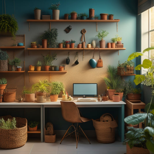 A tidy, well-lit room with a pegboard adorned with neatly hung baskets, bins, and tools, surrounded by organized shelves, a minimalist desk, and a few potted plants.