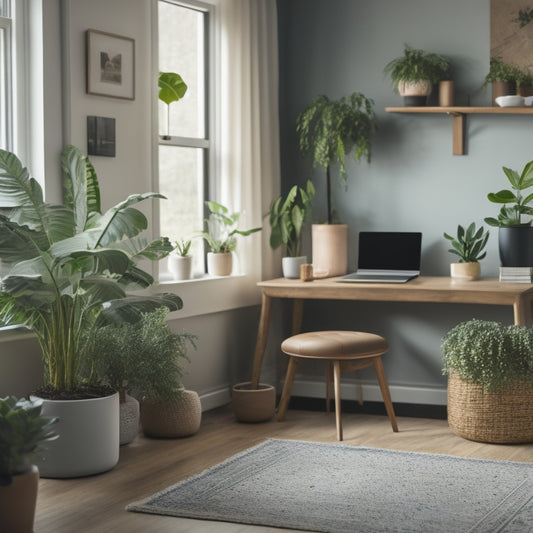 A serene and organized living room with a minimalist desk, a laptop, and a few carefully selected digital devices, surrounded by a few potted plants and a calm color palette.