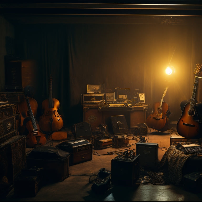 A dimly lit music room with scattered instrument cases, tangled cords, and dusty music sheets, surrounded by broken amplifiers and forgotten instruments, with a faint silhouette of a musician in the background, slumped over in frustration.