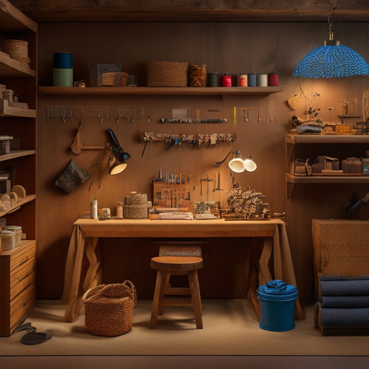 A well-lit, clutter-free workshop with a large, wooden pegboard mounted on a wall, adorned with neatly organized sewing tools, threads, and accessories, surrounded by a few rolled-up fabrics and a small, wooden stool.