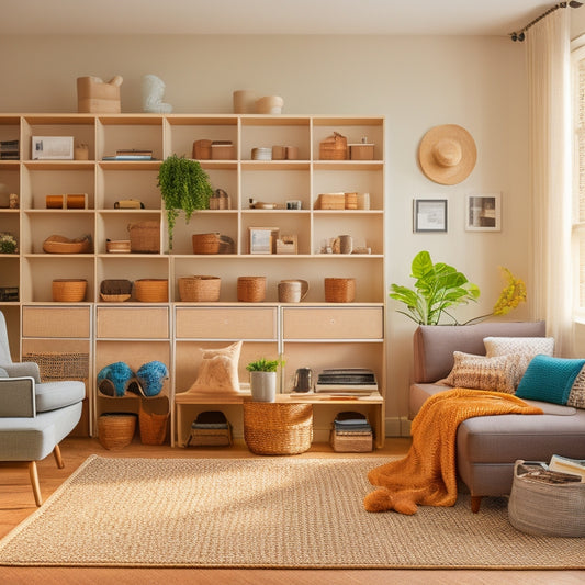 A clutter-free, minimalist living room with a Murphy bed, shelves with stacked wicker baskets, and a pegboard on the wall holding various items, surrounded by plenty of natural light.
