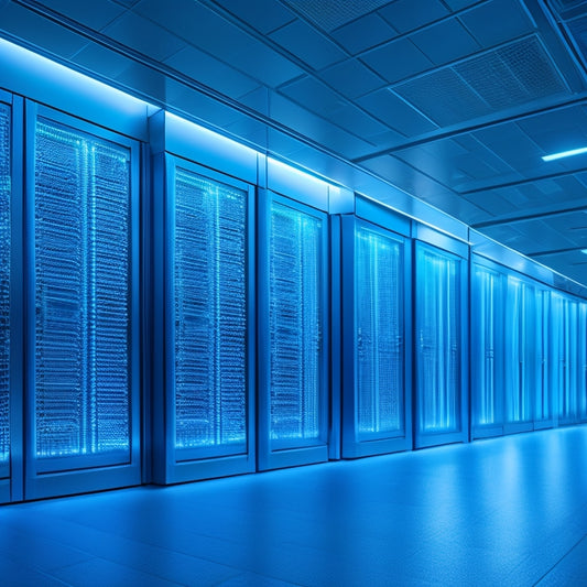 A futuristic, sleek data center with rows of towering servers, illuminated by soft blue LED lights, surrounded by translucent glass walls and a minimalist, metallic floor.