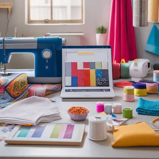 A tidy, modern workspace with a laptop and sewing machine, surrounded by neatly stacked digital tablets and a few favorite fabric swatches, amidst a blurred background of colorful sewing patterns.