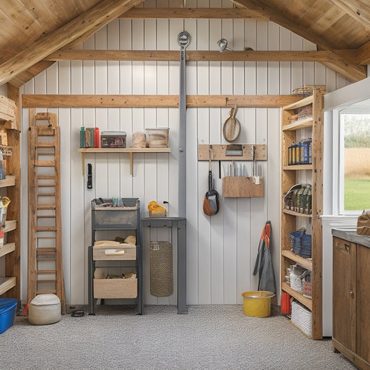 A tidy, well-lit shed interior with a pegboard covered in hanging tools, a vertical shelving unit with labeled bins, and a sliding barn door revealing a workspace with a built-in vice.