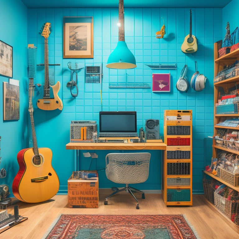 A tidy home studio with a customized shelving unit, color-coded bins, and a pegboard with neatly hung cables, headphones, and microphones, surrounded by a few well-organized musical instruments.
