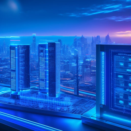 A futuristic mainframe console with glowing blue circuits and wires, surrounded by screens displaying binary code and 3D diagrams, with a subtle cityscape at dusk in the background.