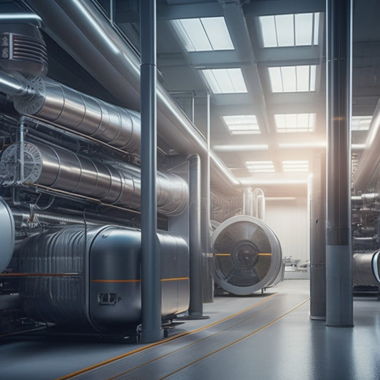 A futuristic, sleek, and modern indoor space with a transparent air curtain separating a warm, cozy area from a cold, industrial section, surrounded by metallic pipes and machinery.