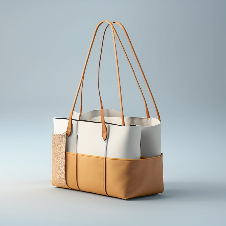 A minimalist illustration of a modern, sleek tote rack with 5-7 compartments, made from natural wood and metal accents, against a clean, white background, with a few tote bags hanging from it.