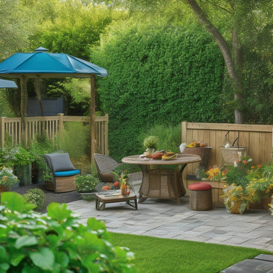A serene backyard scene with a wooden pergola, lush greenery, and a few outdoor furniture pieces, cluttered with scattered toys, bikes, and gardening tools, surrounded by creative storage solutions like woven baskets and hidden compartments.