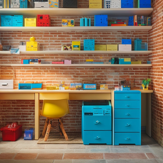 A colorful, clutter-free workspace with a LEGO brick-filled shelf, a label maker, and a few precisely printed labels on the bricks, showcasing a newly organized and harmonious brick collection.
