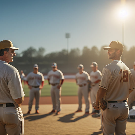 A warm, sunny baseball field with a coach standing in the foreground, surrounded by baseball gear and a few players in the background, holding a plaque or trophy with a subtle, golden glow.
