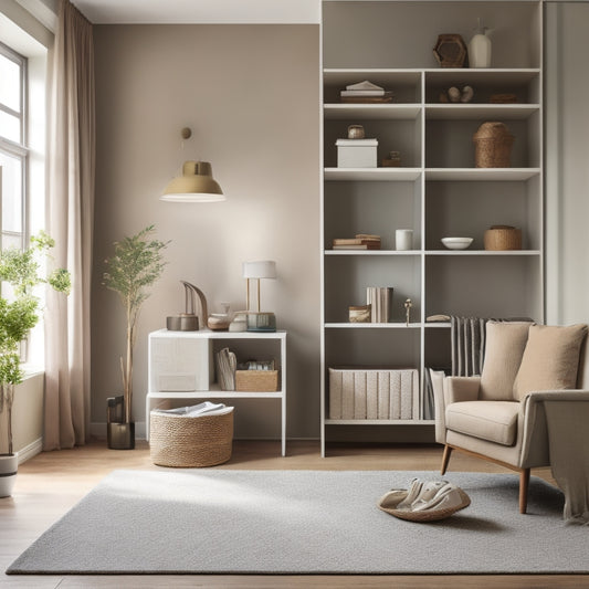 A clutter-free room with a minimalist aesthetic, featuring a sleek, floor-to-ceiling shelving unit, a storage ottoman, and a few, carefully-placed decorative items in a calm, natural color palette.