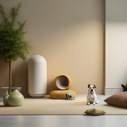 A serene, well-lit pet area with a sleek dog bed, a few favorite toys, and a minimalist pet tower against a calm, beige background, surrounded by plenty of negative space.