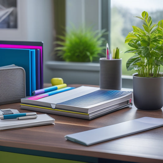 A tidy desk with a sleek, silver file organizer, holding labeled folders in a rainbow of colors, surrounded by a few pens, a small notebook, and a single, thriving potted plant.