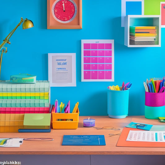 A colorful, clutter-free desk with labeled file folders, a paper tray, and a calendar, surrounded by neatly arranged pens, pencils, and a few well-placed inspirational quotes on the wall.