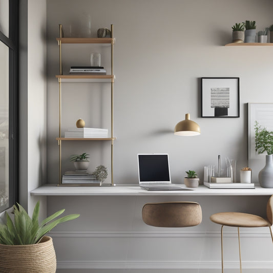 A serene, minimalist room with a sleek laptop and a few select, artfully-arranged decorative items, surrounded by empty shelves and a tidy, cord-free workspace.