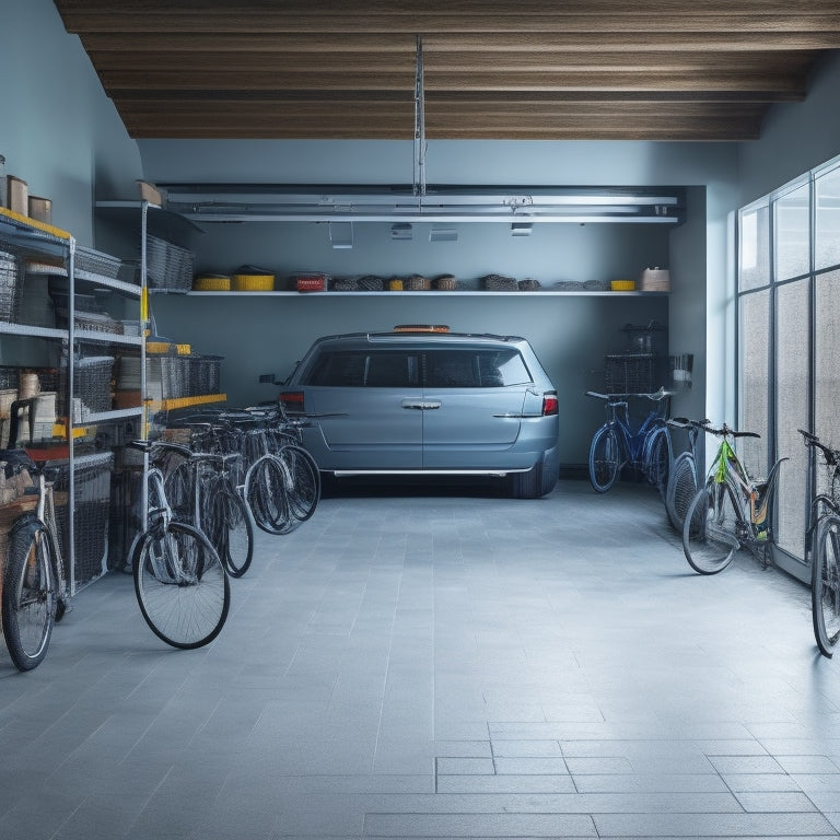 A well-organized garage with a sleek, gray epoxy-coated floor, neatly arranged bins and baskets on walls, a few bicycles suspended from the ceiling, and a few cars parked in a tidy, open space.