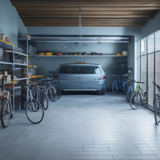 A well-organized garage with a sleek, gray epoxy-coated floor, neatly arranged bins and baskets on walls, a few bicycles suspended from the ceiling, and a few cars parked in a tidy, open space.