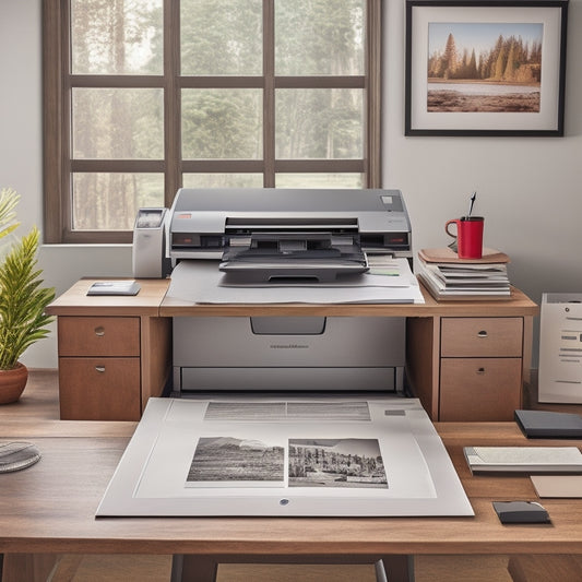 A clutter-free office desk with a sleek HP LaserJet Pro printer in the center, surrounded by neatly organized files and a few scattered papers, with a subtle hint of a digital screen on the printer.