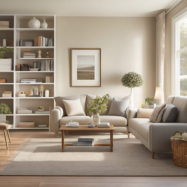 A serene, well-lit living room with a tidy, minimalist aesthetic, featuring a senior-friendly organizational system with labeled storage bins, a comfortable reading nook, and a clear walking path.
