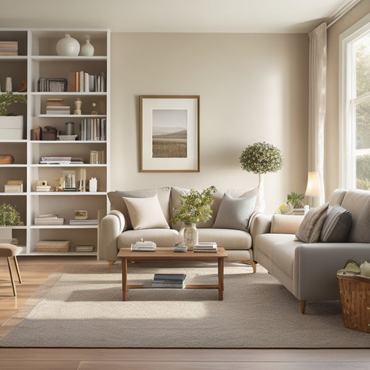 A serene, well-lit living room with a tidy, minimalist aesthetic, featuring a senior-friendly organizational system with labeled storage bins, a comfortable reading nook, and a clear walking path.