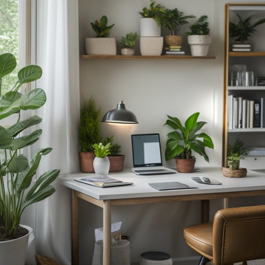 A serene home office with a minimalist desk, a sleek laptop, and a few carefully selected digital devices, surrounded by a sparse, organized bookshelf and a few thriving plants.