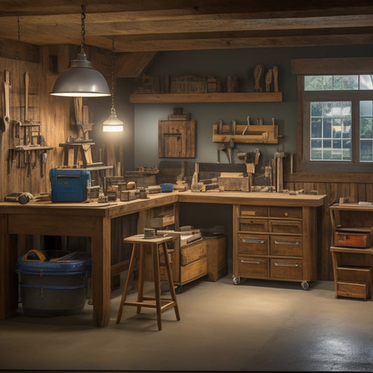 A well-lit, organized garage workshop with a mobile wood cart at its center, surrounded by various woodworking tools and materials, with a half-finished woodworking project on the cart's surface.
