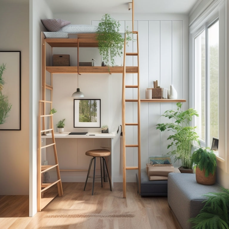A serene, minimalist interior of a tiny home with a Murphy bed, a compact desk, and a ladder leading to a loft storage area, surrounded by calming greenery and natural light.