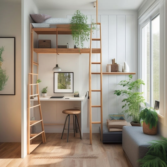 A serene, minimalist interior of a tiny home with a Murphy bed, a compact desk, and a ladder leading to a loft storage area, surrounded by calming greenery and natural light.