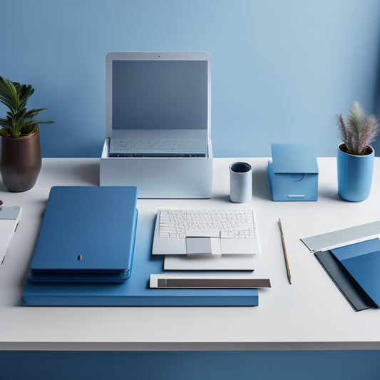A tidy, modern desk with a sleek laptop, a few neatly labeled folders, and a minimalist paper tray, surrounded by a subtle, gradient blue background, conveying efficiency and organization.