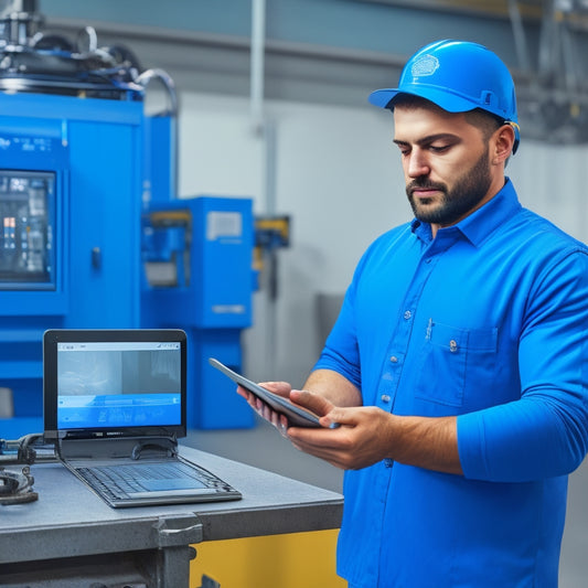 An illustration of a person in a blue overall, holding a tablet with a digital manual open, standing in front of a large, sleek Haas machine with various tools and gears in the background.