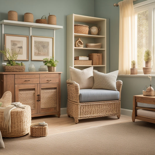 A serene, well-lit, clutter-free senior living room with a few clever storage solutions: woven baskets, labeled shelves, and a compact, wheeled storage ottoman, surrounded by calm, muted colors and soft lighting.