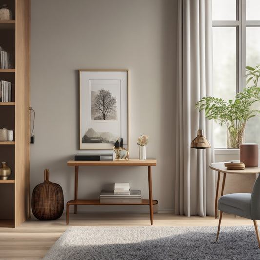 A serene, minimalist living room with a few, carefully placed decorative objects, a tidy bookshelf, and a sleek, modern desk with a small, organized workspace.