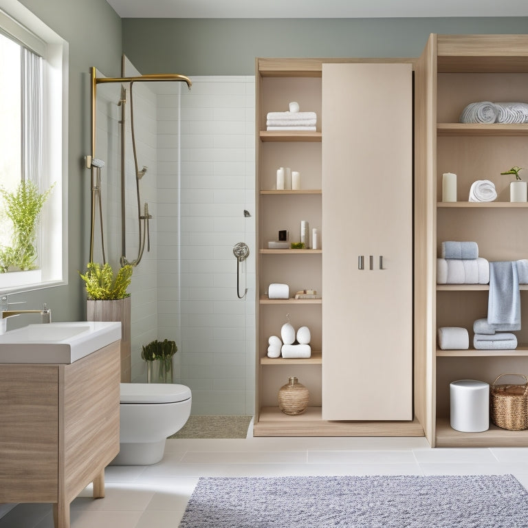A serene, spa-like bathroom with a custom-built shelving system featuring sleek, minimalist cabinets, a floating shelf with rolled towels, and a recessed nook for a decorative vase.