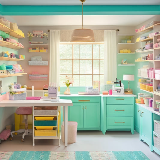 A bright, organized sewing room with a white desk, surrounded by wall-mounted shelves and bins in pastel colors, holding threads, fabrics, and sewing tools, with a few half-finished projects laid out.