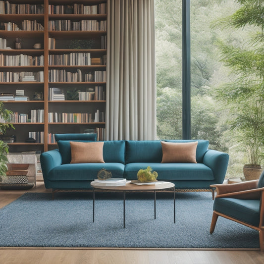 A minimalist living room with a floor-to-ceiling bookshelf, a geometric-patterned area rug, and a sleek, low-profile sofa in a bold, contrasting color, surrounded by lush greenery.