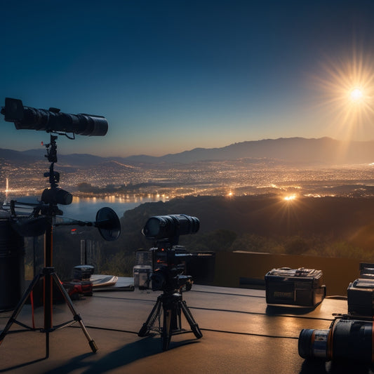 A darkened film set with a spotlight shining down, surrounded by cameras, lenses, and film reels, with a subtle cityscape or Hollywood sign in the blurred background, evoking a sense of industry and creativity.
