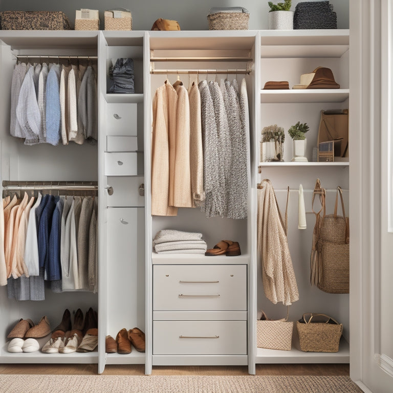 A serene, well-lit, and organized small closet with a mix of open shelves, closed cabinets, and hanging rods, showcasing a variety of clothes, shoes, and accessories, with a few decorative items.