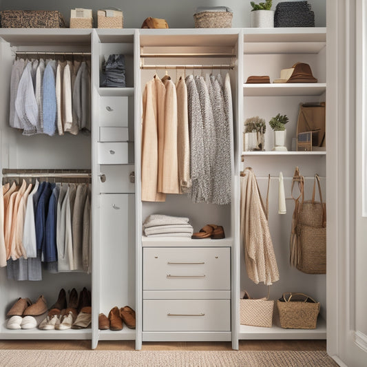 A serene, well-lit, and organized small closet with a mix of open shelves, closed cabinets, and hanging rods, showcasing a variety of clothes, shoes, and accessories, with a few decorative items.